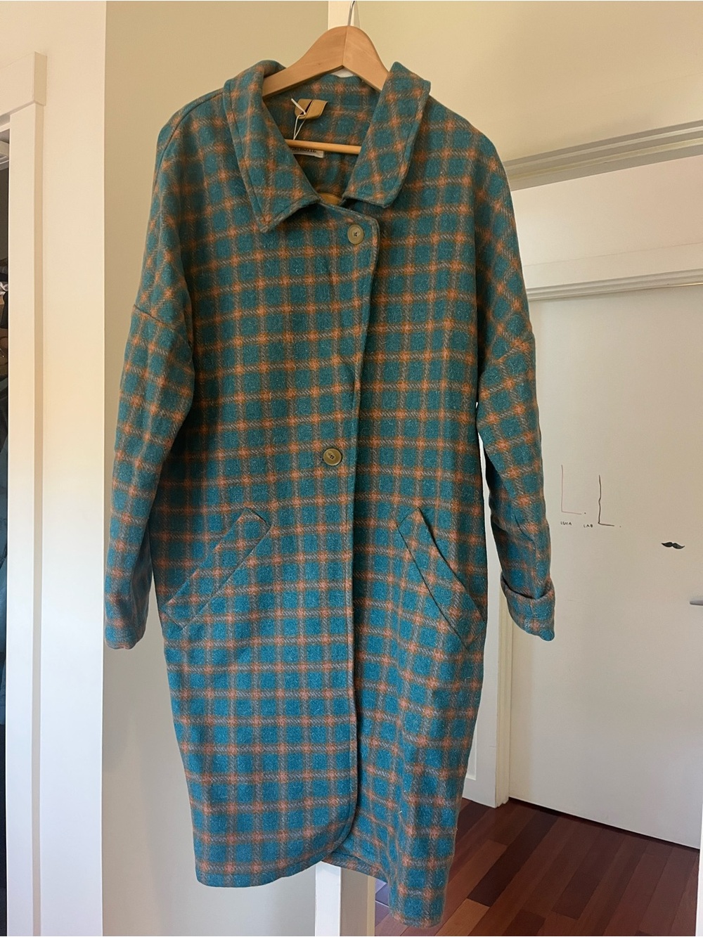 Entropie Teal and Tan Plaid Wool-Blend Trench Coat - Picture 2 of 5